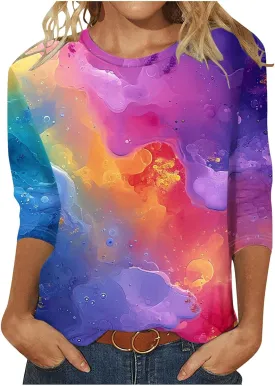 2024 Fashion Spring Tops 3/4 Sleeve Length Trendy Shirts Dressy Casual Work Blouse Ladies Tie Dye Summer Outfits