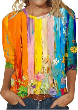 2024 Fashion Spring Tops 3/4 Sleeve Length Trendy Shirts Dressy Casual Work Blouse Ladies Tie Dye Summer Outfits