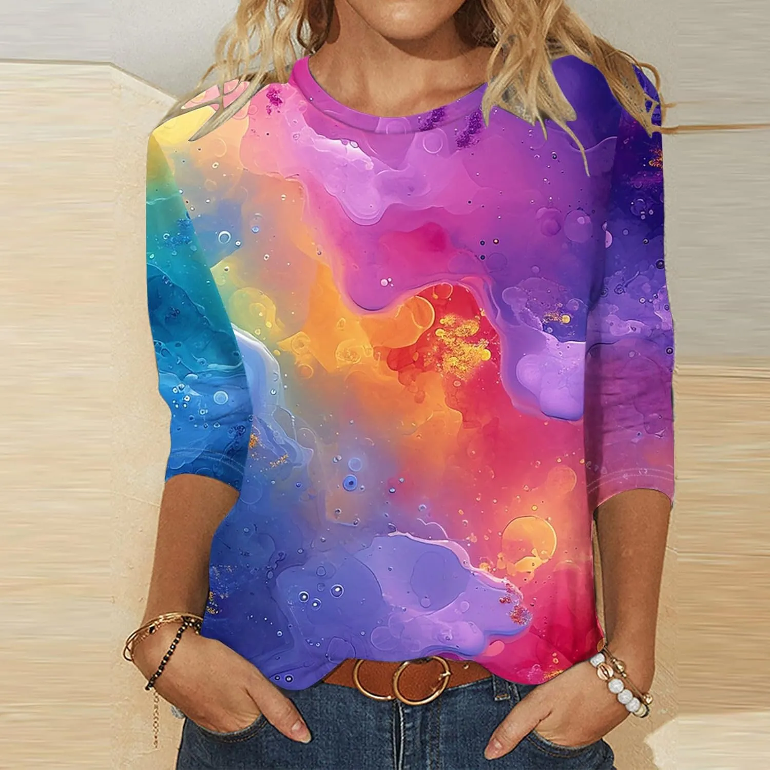 2024 Fashion Spring Tops 3/4 Sleeve Length Trendy Shirts Dressy Casual Work Blouse Ladies Tie Dye Summer Outfits