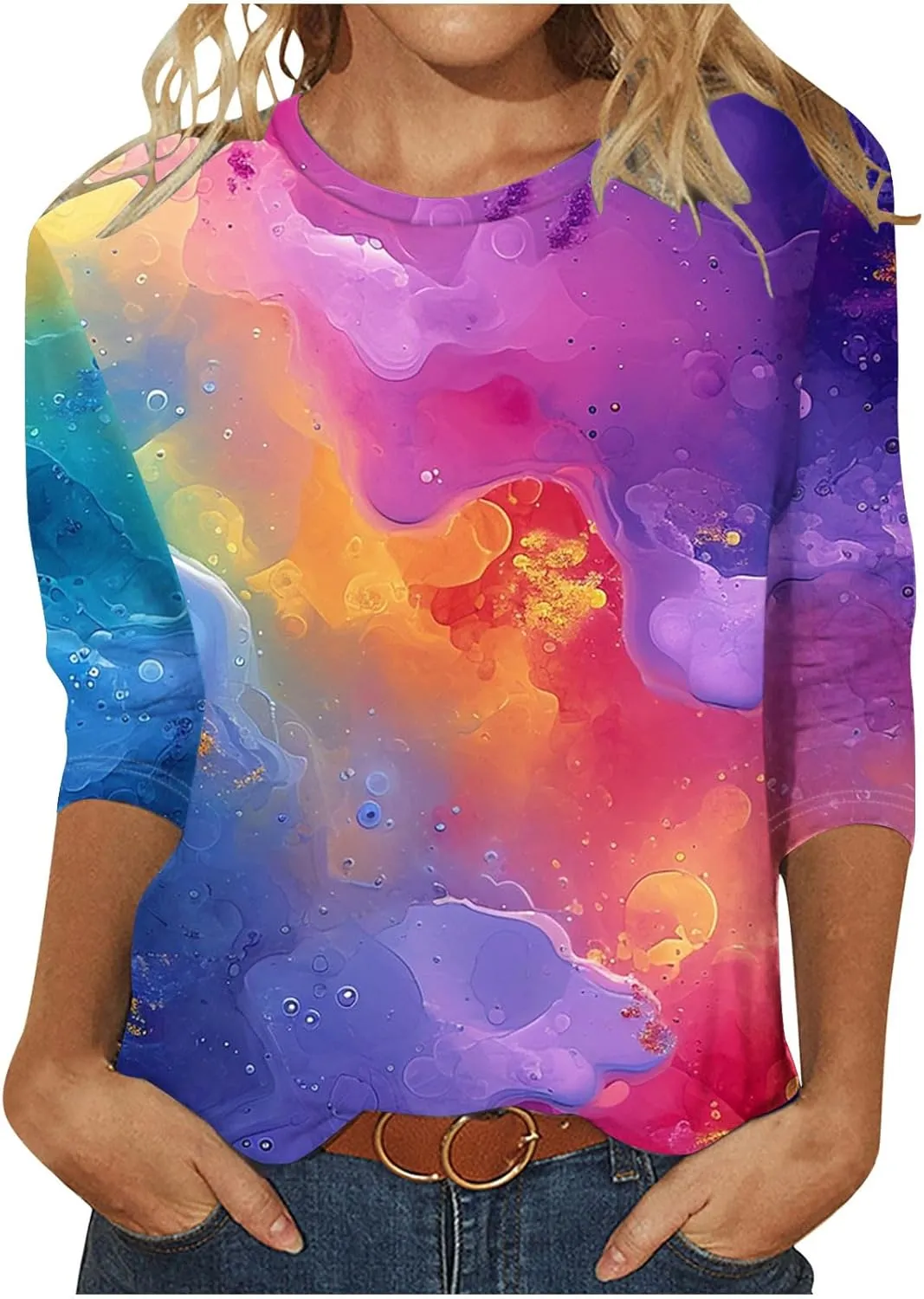 2024 Fashion Spring Tops 3/4 Sleeve Length Trendy Shirts Dressy Casual Work Blouse Ladies Tie Dye Summer Outfits
