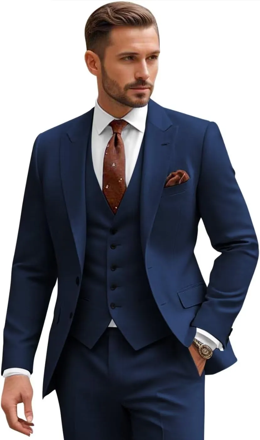 3 Piece Suits for Men Wedding Slim Fit Man Suit Sets Single Breasted Two Button Peak Lapel Blazer Vest Pants Set