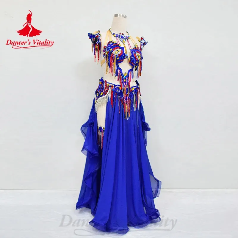 BellyDance Costume Set Customized Luxury Rhinestone Bra Sexy Split Chiffon Long Skirt 2pcs Oriental Dance  Performance Clothing