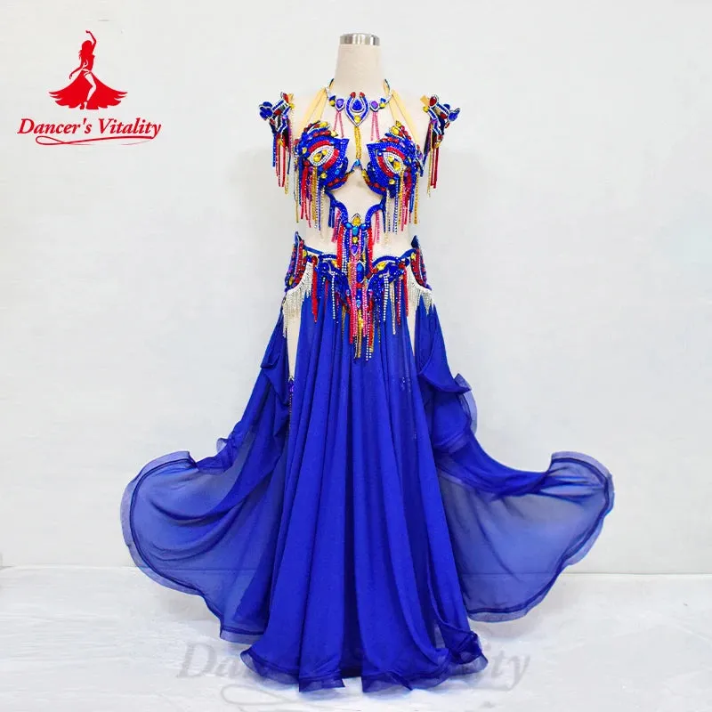 BellyDance Costume Set Customized Luxury Rhinestone Bra Sexy Split Chiffon Long Skirt 2pcs Oriental Dance  Performance Clothing