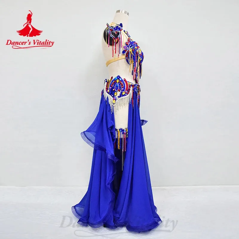 BellyDance Costume Set Customized Luxury Rhinestone Bra Sexy Split Chiffon Long Skirt 2pcs Oriental Dance  Performance Clothing