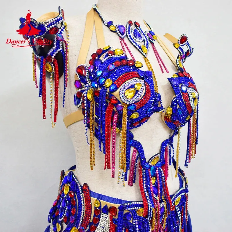 BellyDance Costume Set Customized Luxury Rhinestone Bra Sexy Split Chiffon Long Skirt 2pcs Oriental Dance  Performance Clothing