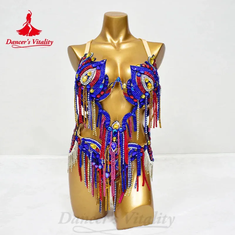 BellyDance Costume Set Customized Luxury Rhinestone Bra Sexy Split Chiffon Long Skirt 2pcs Oriental Dance  Performance Clothing