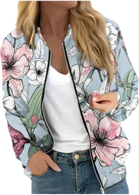 Bomber Jacket Women 2024 Causal Print Zip Up Coats Long Sleeve Stand Collar Fall Lightweight Outerwear With Pockets
