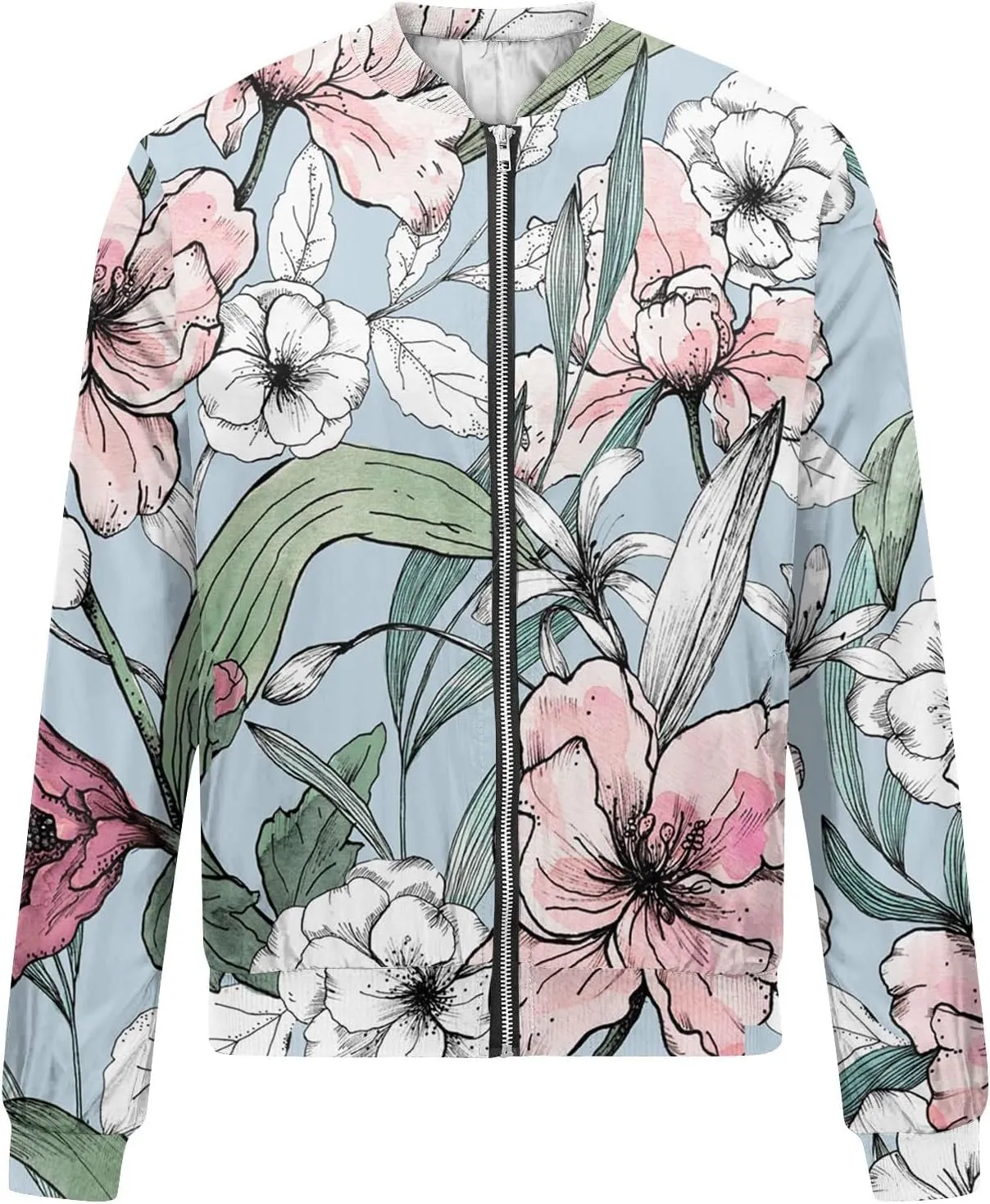 Bomber Jacket Women 2024 Causal Print Zip Up Coats Long Sleeve Stand Collar Fall Lightweight Outerwear With Pockets
