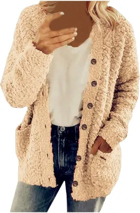 Chunky Open Front Cardigan for Women Fluffy Button Up Sweater Coat Winter Shaggy, Womens Fuzzy Popcorn Outwear