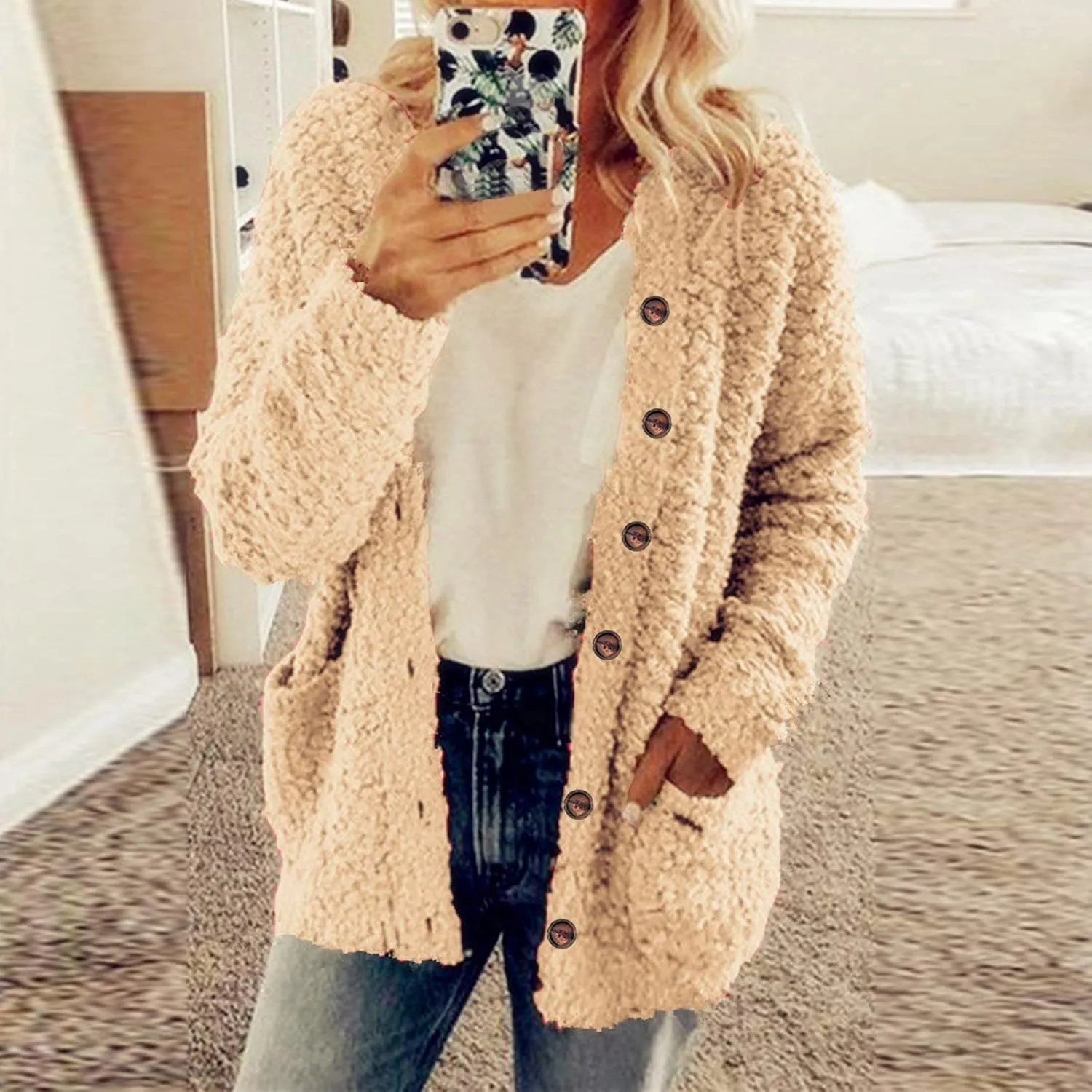 Chunky Open Front Cardigan for Women Fluffy Button Up Sweater Coat Winter Shaggy, Womens Fuzzy Popcorn Outwear