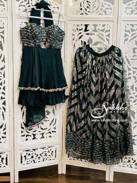Dark Green Embroidered Palazzo Suit