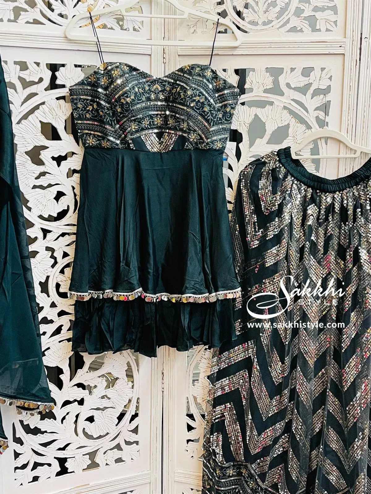 Dark Green Embroidered Palazzo Suit