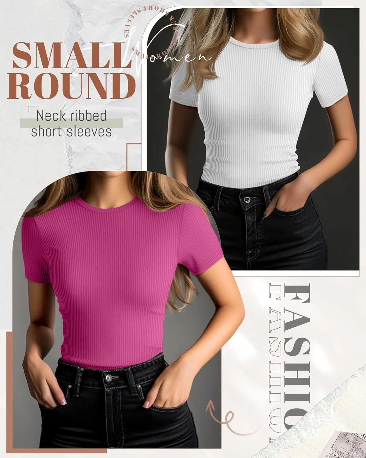 Ficerd 3 Pack Women's Ribbed T-Shirts, Cotton Short Sleeve Basic Tees Crewneck Fitted Tops Casual Shirts 2025 Summer Trendy
