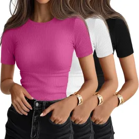 Ficerd 3 Pack Women's Ribbed T-Shirts, Cotton Short Sleeve Basic Tees Crewneck Fitted Tops Casual Shirts 2025 Summer Trendy