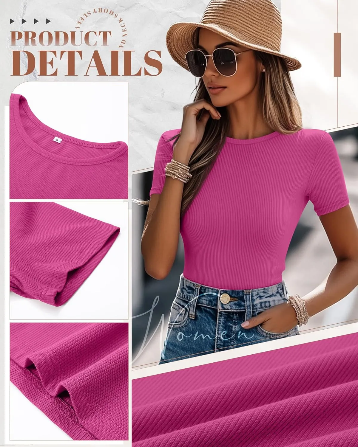 Ficerd 3 Pack Women's Ribbed T-Shirts, Cotton Short Sleeve Basic Tees Crewneck Fitted Tops Casual Shirts 2025 Summer Trendy