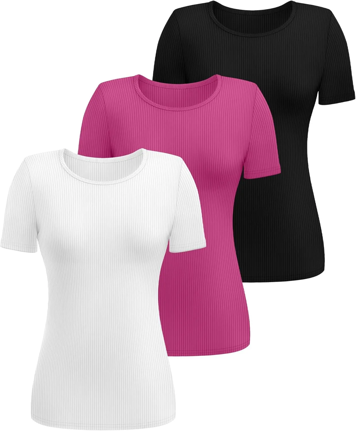 Ficerd 3 Pack Women's Ribbed T-Shirts, Cotton Short Sleeve Basic Tees Crewneck Fitted Tops Casual Shirts 2025 Summer Trendy