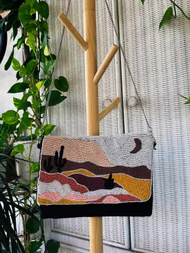 Hand beaded mountain desert landscape clutch crossbody (black)