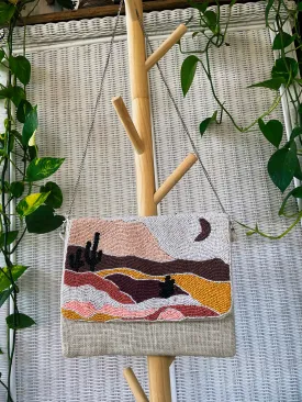 Hand beaded mountain desert landscape clutch crossbody