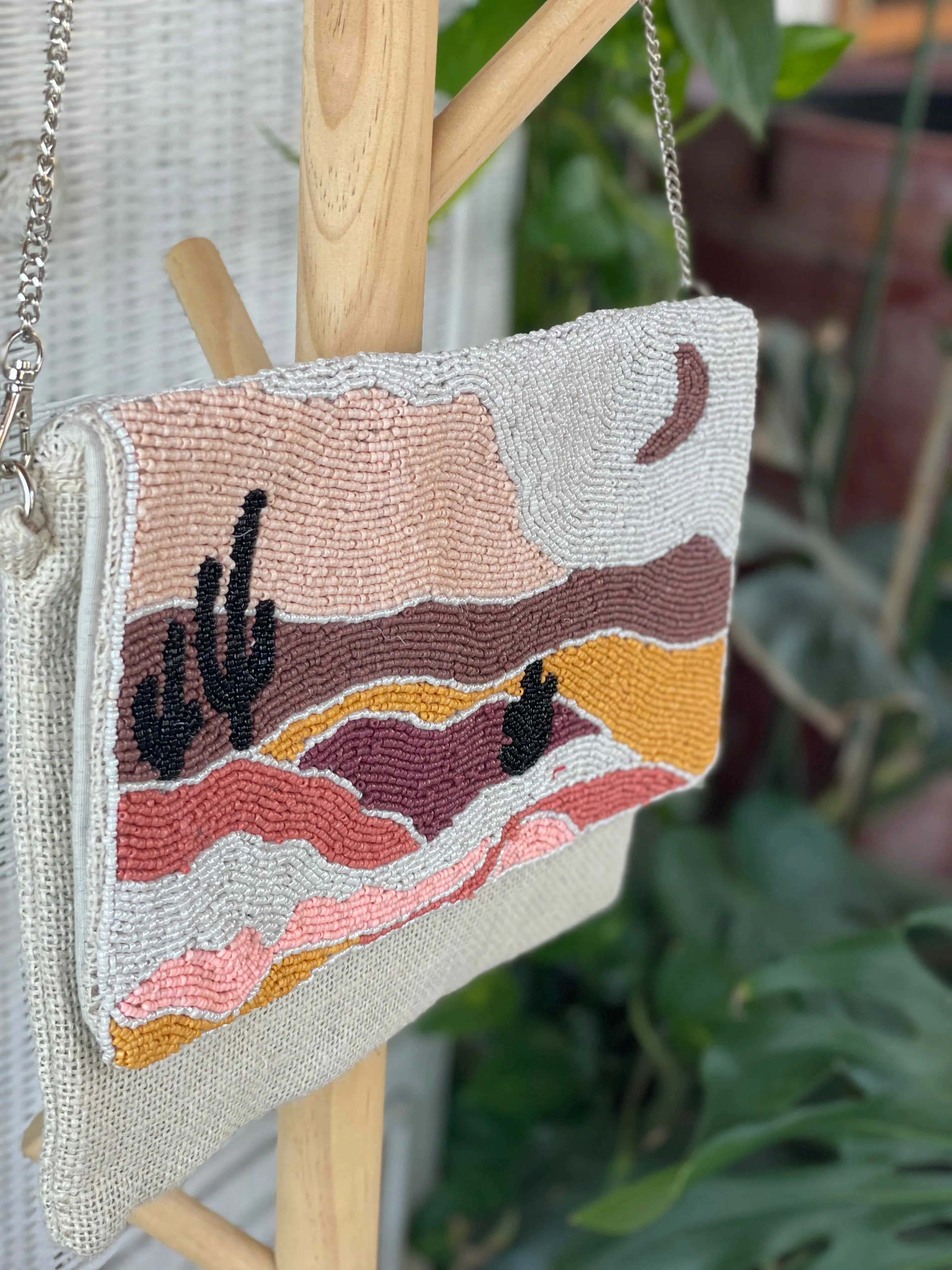 Hand beaded mountain desert landscape clutch crossbody