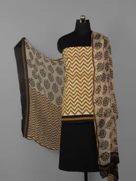 Ivory Peanut Brown Black Hand Block Printed Cotton Suit-Salwar Fabric With Chiffon Dupatta (Set of 3) - S16281309