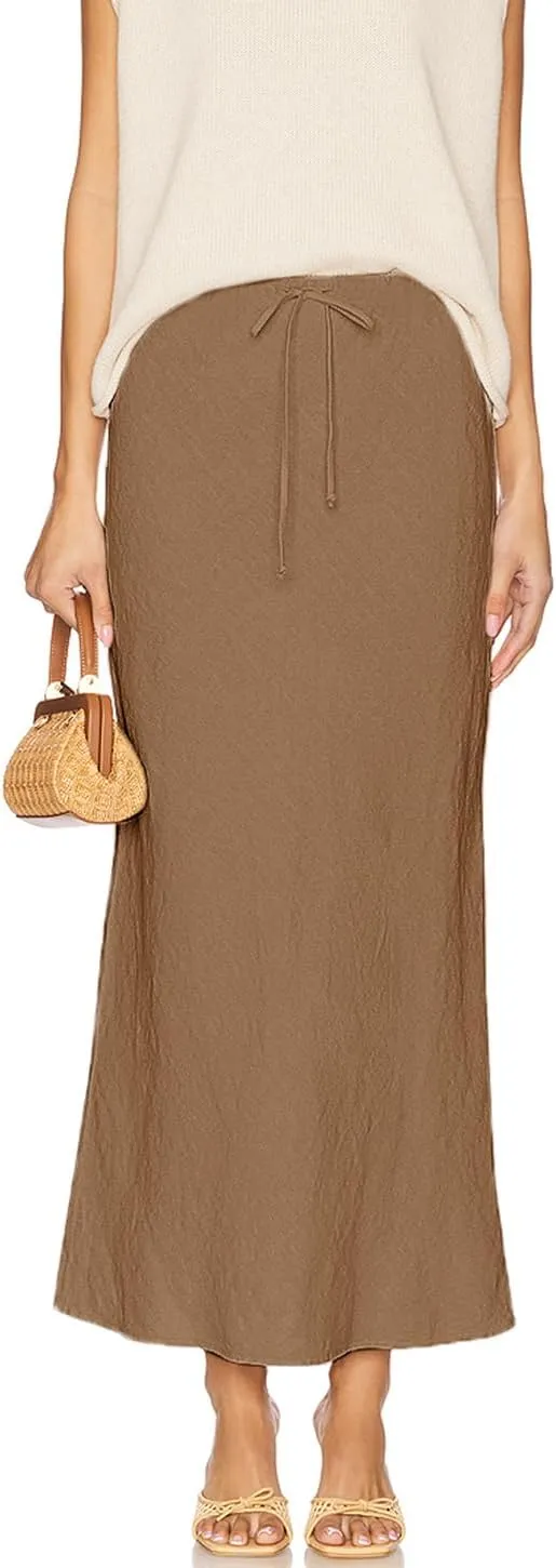 Linen Maxi Skirts with Lining Drawstring Flowy Flared Long Skirts for Women