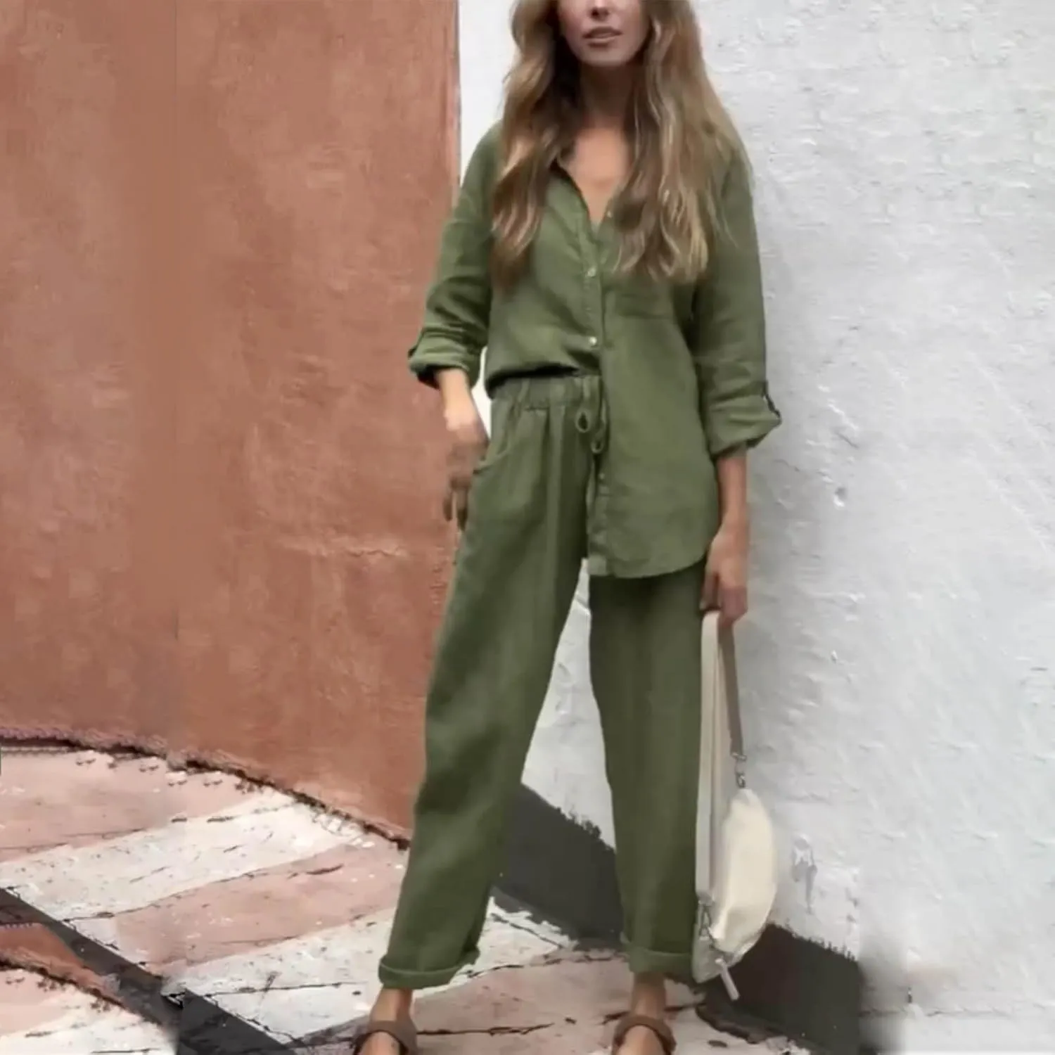 Linen Set for Women 2 Piece Outfits Casual Pants Sets Plus Size Track Suits Solid Color Lounge Wear with Pockets