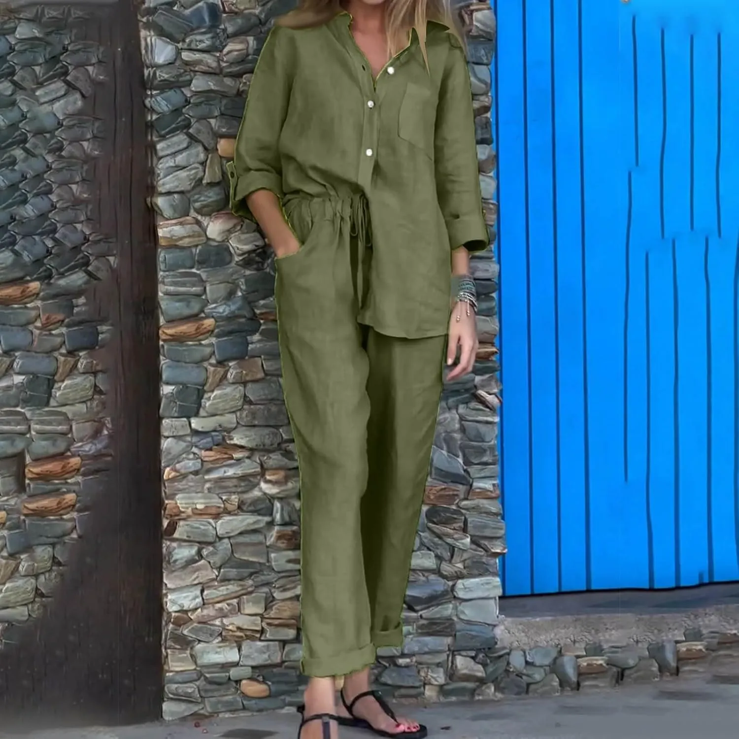 Linen Set for Women 2 Piece Outfits Casual Pants Sets Plus Size Track Suits Solid Color Lounge Wear with Pockets