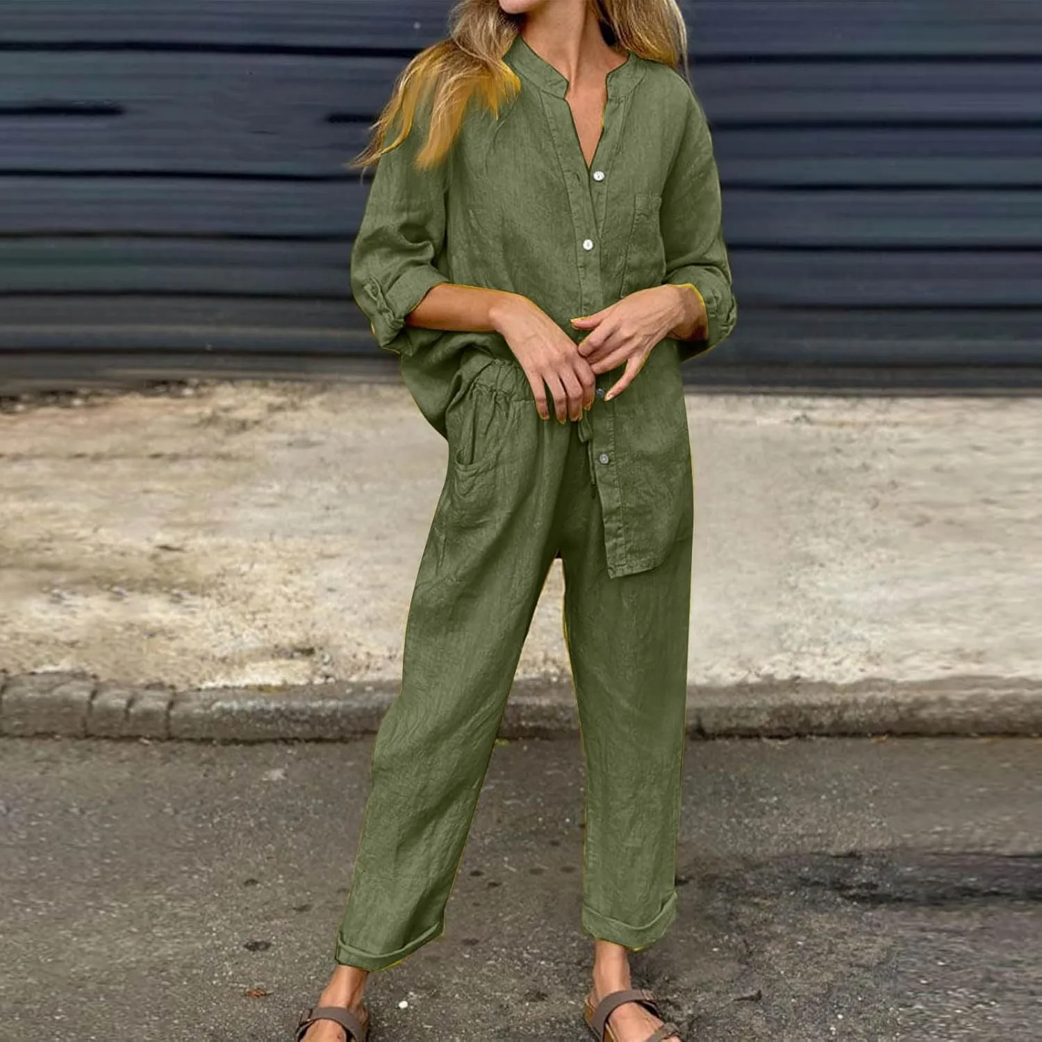 Linen Set for Women 2 Piece Outfits Casual Pants Sets Plus Size Track Suits Solid Color Lounge Wear with Pockets
