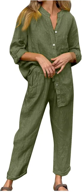 Linen Set for Women 2 Piece Outfits Casual Pants Sets Plus Size Track Suits Solid Color Lounge Wear with Pockets