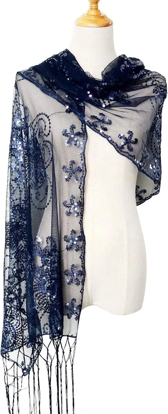 L'VOW Women's Glittering 1920s Scarf Mesh Sequin Wedding Cape Fringed Evening Shawl Wrap
