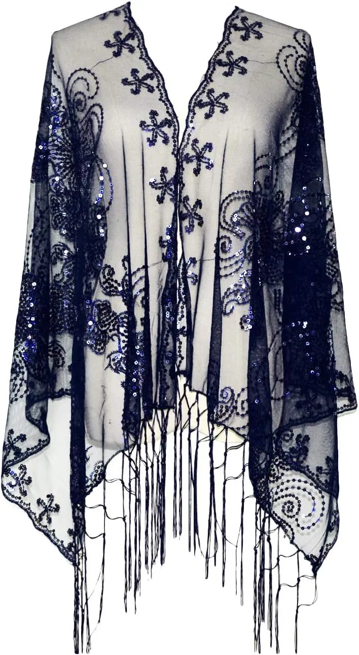 L'VOW Women's Glittering 1920s Scarf Mesh Sequin Wedding Cape Fringed Evening Shawl Wrap