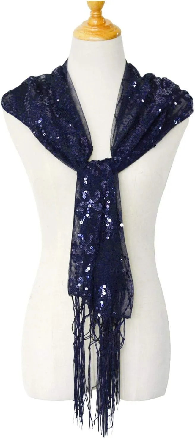 L'VOW Women's Glittering 1920s Scarf Mesh Sequin Wedding Cape Fringed Evening Shawl Wrap