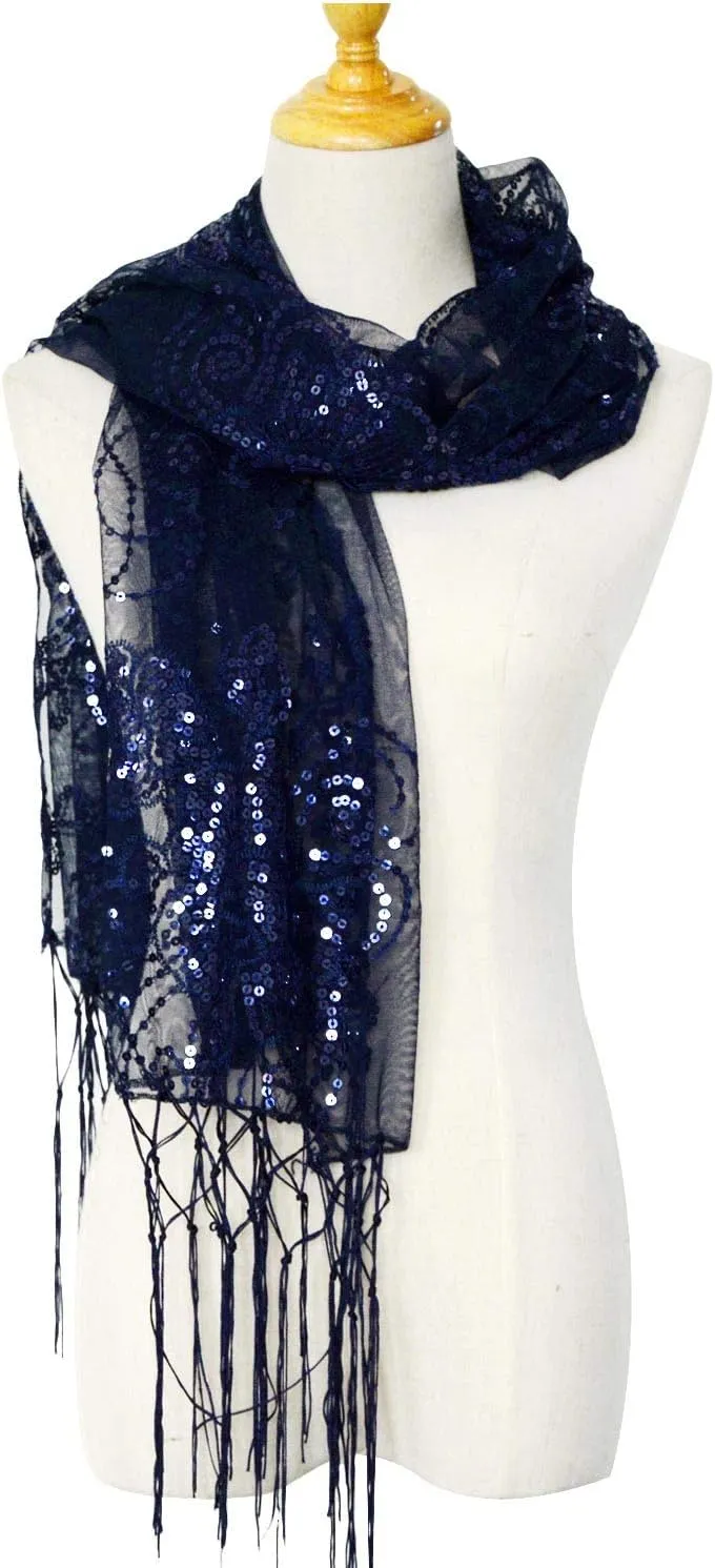 L'VOW Women's Glittering 1920s Scarf Mesh Sequin Wedding Cape Fringed Evening Shawl Wrap