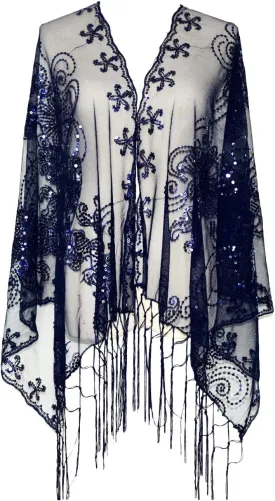 L'VOW Women's Glittering 1920s Scarf Mesh Sequin Wedding Cape Fringed Evening Shawl Wrap