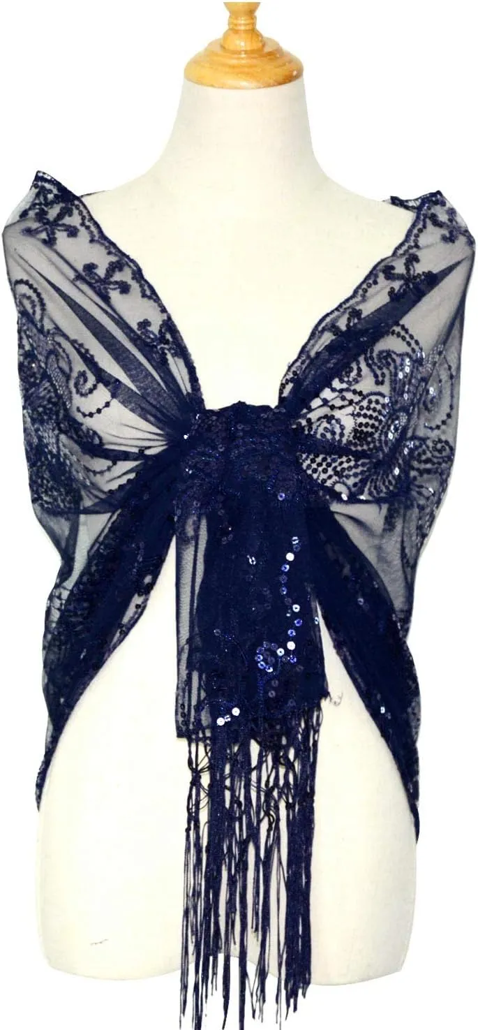 L'VOW Women's Glittering 1920s Scarf Mesh Sequin Wedding Cape Fringed Evening Shawl Wrap