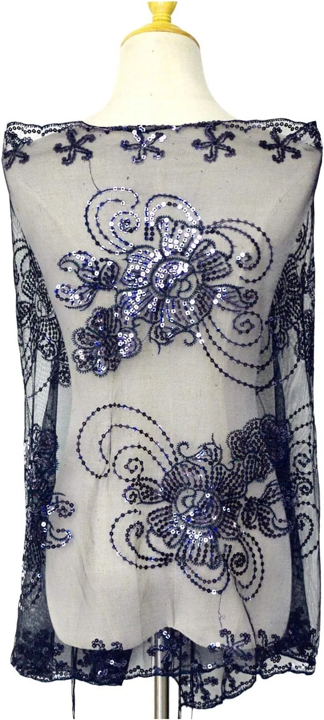 L'VOW Women's Glittering 1920s Scarf Mesh Sequin Wedding Cape Fringed Evening Shawl Wrap