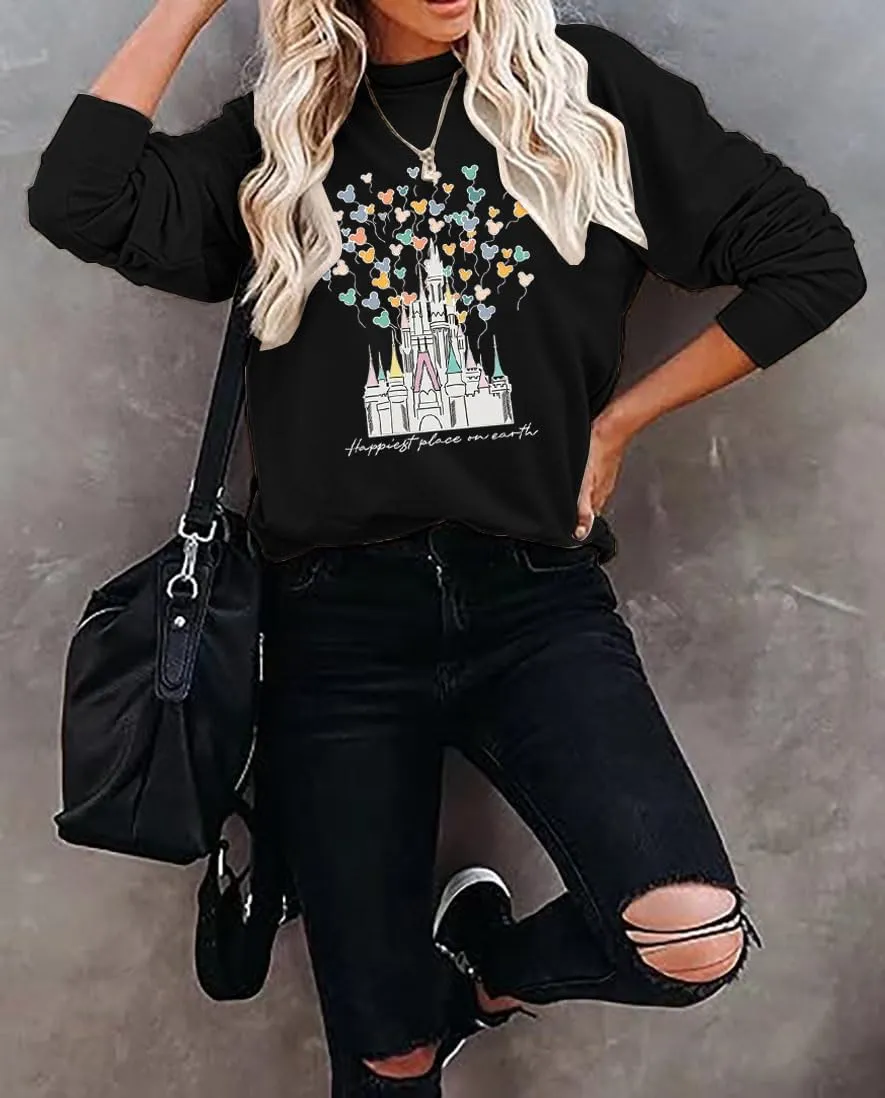 Magical Castle Sweatshirts for Womens Crewneck Long Sleeve Hoodies Letter Print Pullover Tops