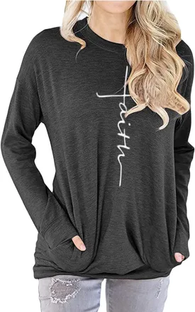 Mansy Women's Faith Sweatshirt Loose Fit Long Sleeve Crewneck Christian Letter Print Tunic Tops with Pocket