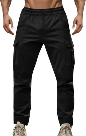 Men's Cargo Pant Elastic Drawstring Waist Straight Leg Pants with Pockets Casual Water Resistant Tapered Trousers