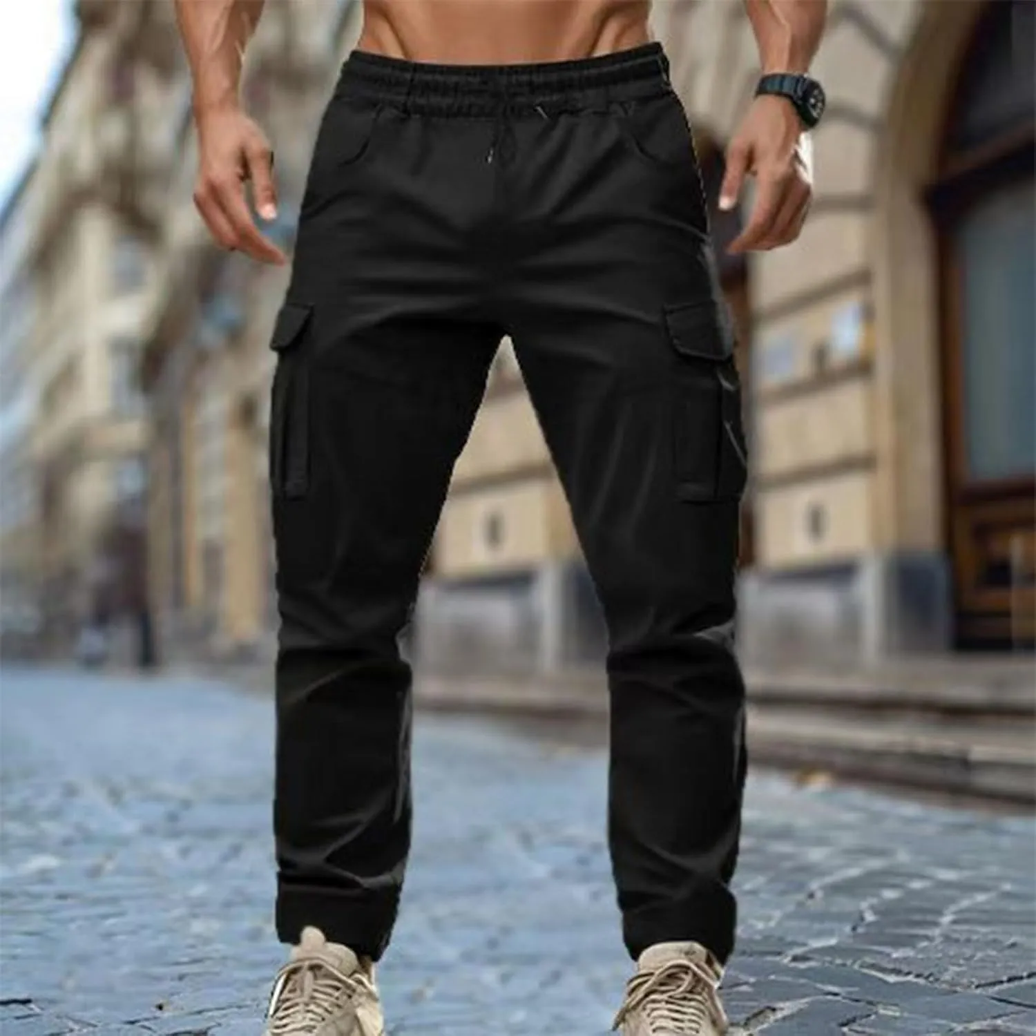 Men's Cargo Pant Elastic Drawstring Waist Straight Leg Pants with Pockets Casual Water Resistant Tapered Trousers