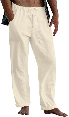 Mens Casual Cotton Linen Pants Elastic Waist Linen Pants Drawstring Summer Beach Yoga Soft Trouser