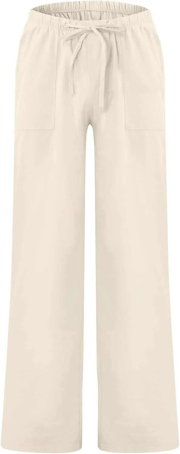 Mens Casual Cotton Linen Pants Elastic Waist Linen Pants Drawstring Summer Beach Yoga Soft Trouser