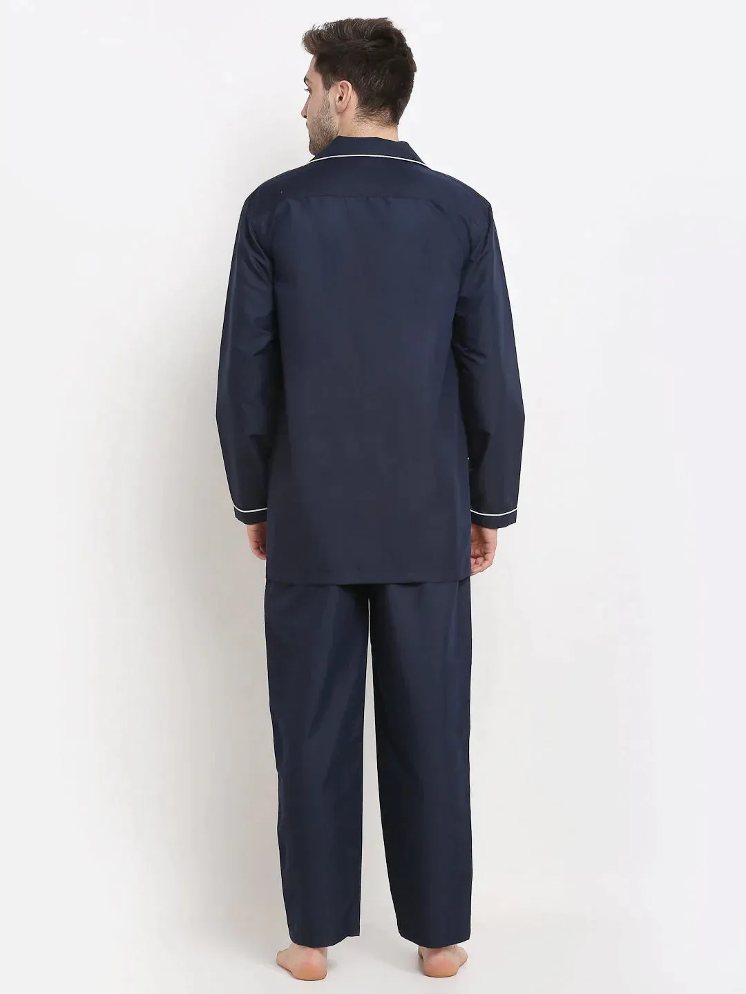 Men'S Navy Cotton Solid Night Suits