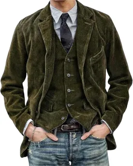 Men's Vintage Corduroy Blazer Business Casual Work Wear Corduroy Suit Jacket Long Sleeve Sport Coat Formal Blazer