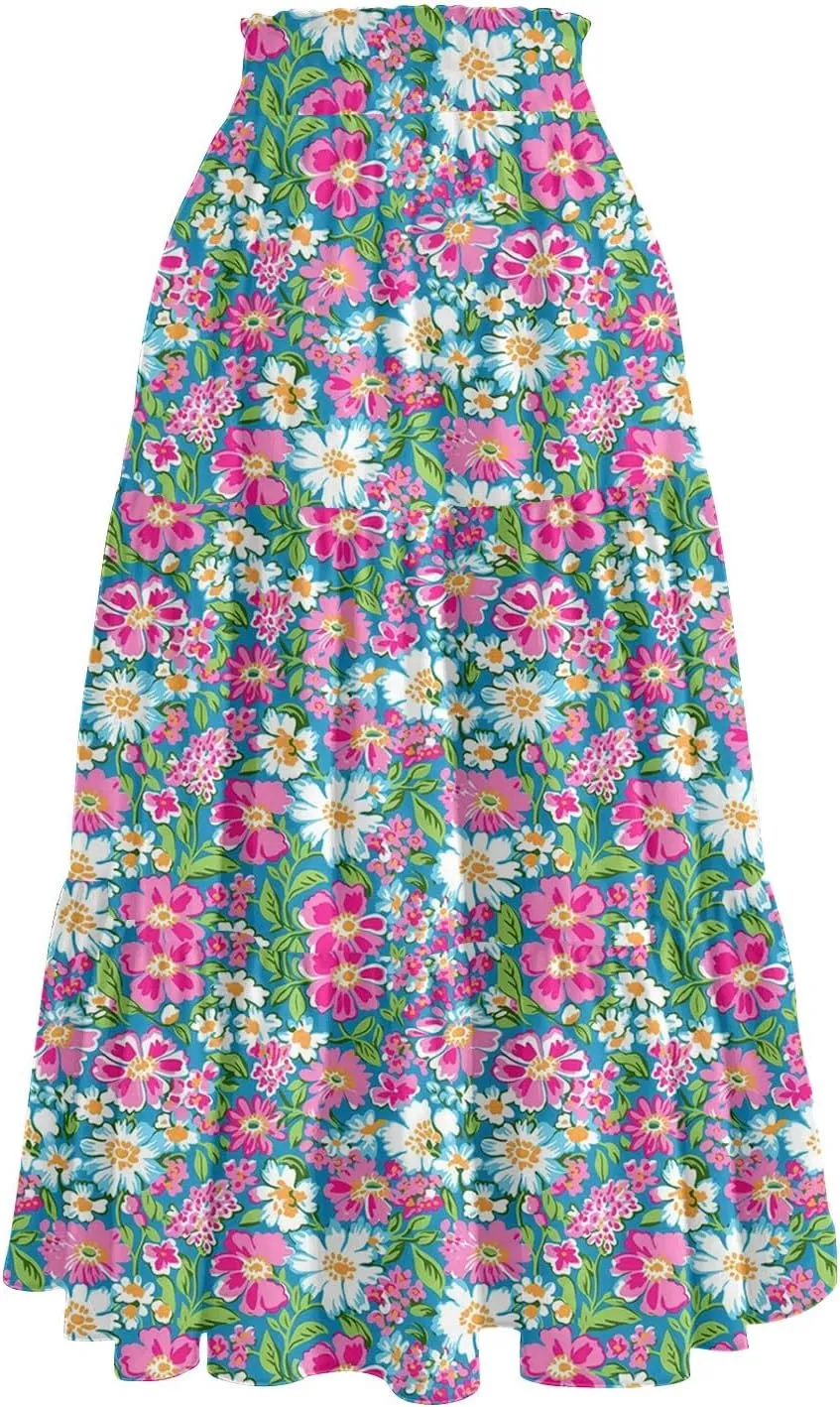 Midi Skirt for Women Summer Tiered High Waisted Knee Length Skirt A Line Flowy Floral Print Skirts with Pockets