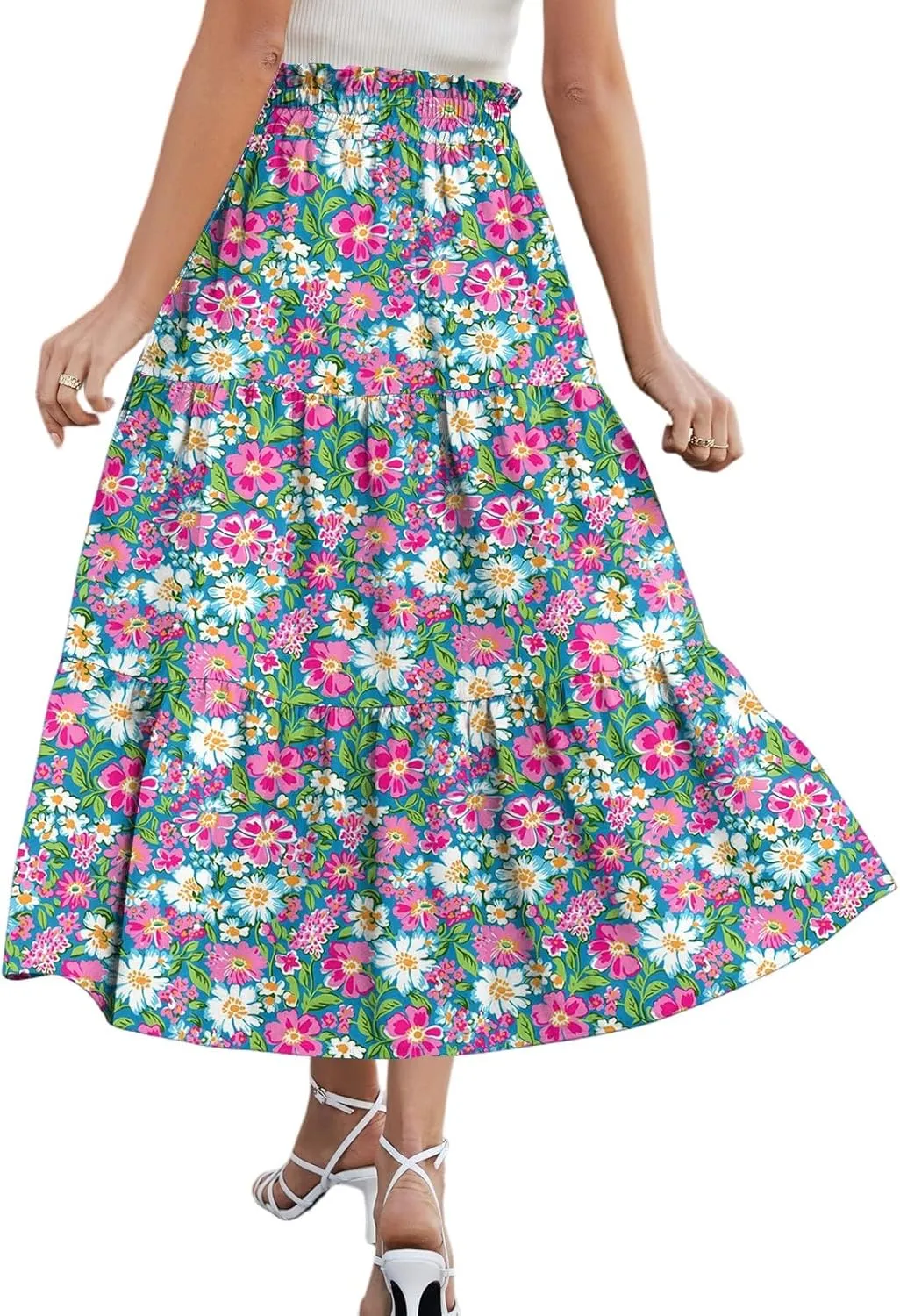 Midi Skirt for Women Summer Tiered High Waisted Knee Length Skirt A Line Flowy Floral Print Skirts with Pockets