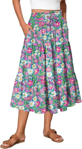 Midi Skirt for Women Summer Tiered High Waisted Knee Length Skirt A Line Flowy Floral Print Skirts with Pockets