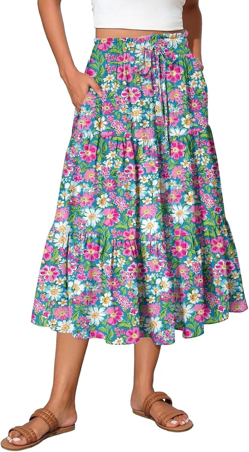 Midi Skirt for Women Summer Tiered High Waisted Knee Length Skirt A Line Flowy Floral Print Skirts with Pockets