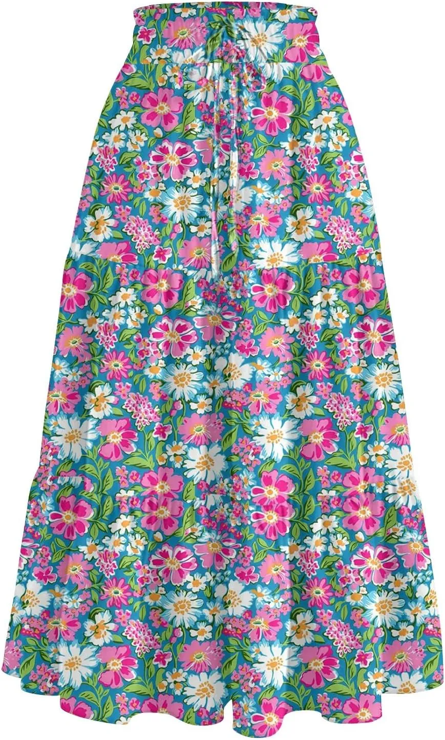 Midi Skirt for Women Summer Tiered High Waisted Knee Length Skirt A Line Flowy Floral Print Skirts with Pockets