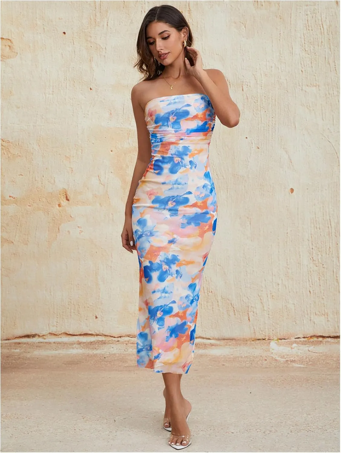 Milumia Women's Summer Strapeless Tube Top Dresses Side Slit Ruched Bodycon Maxi Dress Vacation